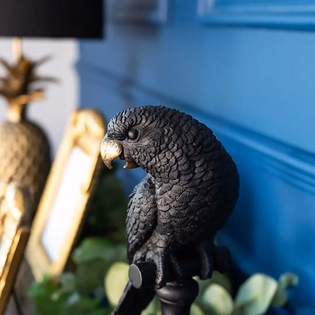 Madison & Mayfair Black and Gold Parrot Bird Ornament on Stand, H 35.0 cm x W 14.5 cm x D 12.0 cm – 2