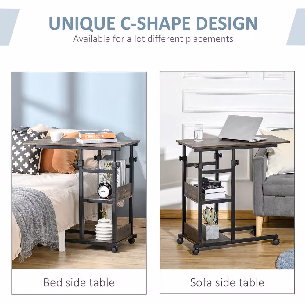 Rolipo C-Shaped Mobile Side Table with 3-Tier Shelves and Adjustable Height in Brown – 5
