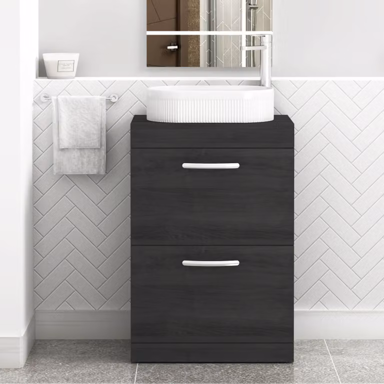 Royal Bathrooms Turin 600mm Floor Standing 2 Drawer Vanity Unit with Countertop Basin in Matt Black