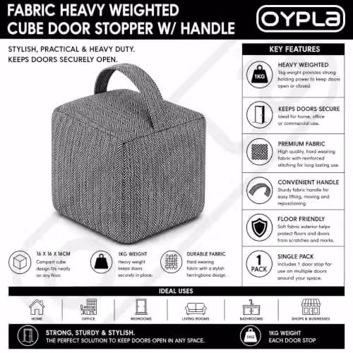 Oypla Herringbone Fabric Heavy Weighted Cube Door Stop with Handle, Grey, W/D/H: 16 x 16 x 16 cm – 2