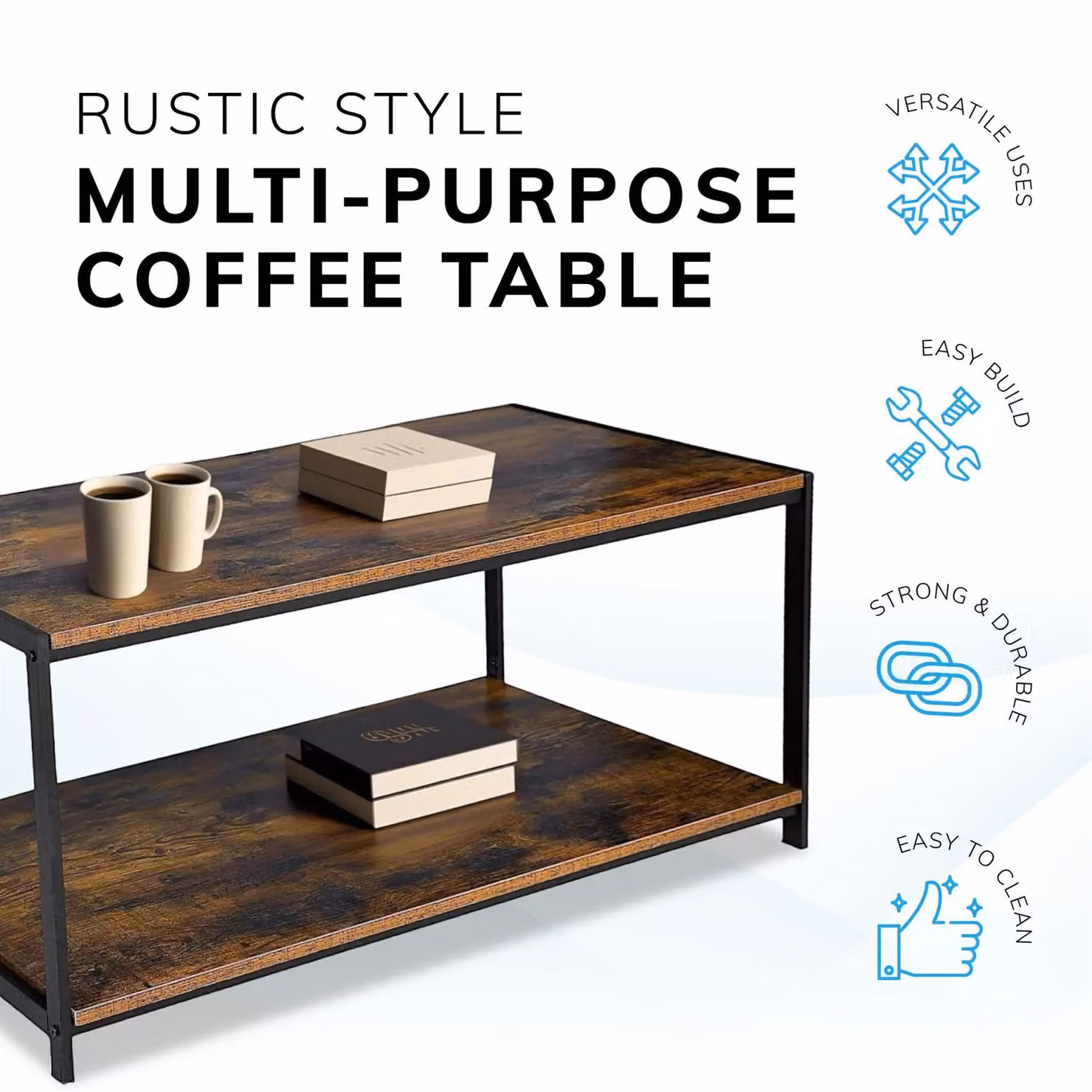House of Home Rustic Brown Wood and Metal 2-Tier Coffee Table with Storage Shelf – 4