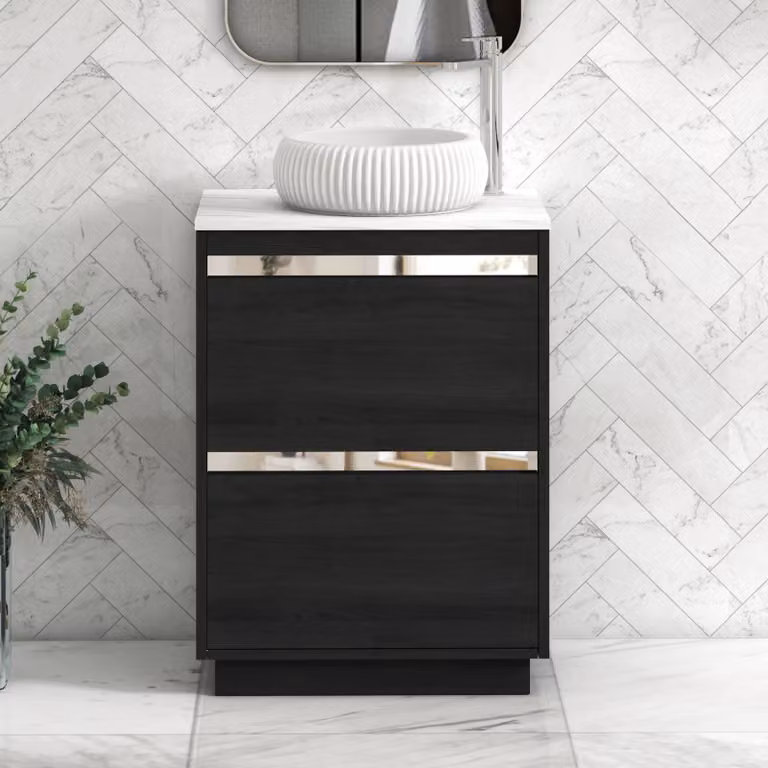 Royal Bathrooms Orion 800mm Hale Black Floor Standing Vanity Unit with Milan Basin and Carrara White Countertop, 2 Drawers and Chrome Accent Trim