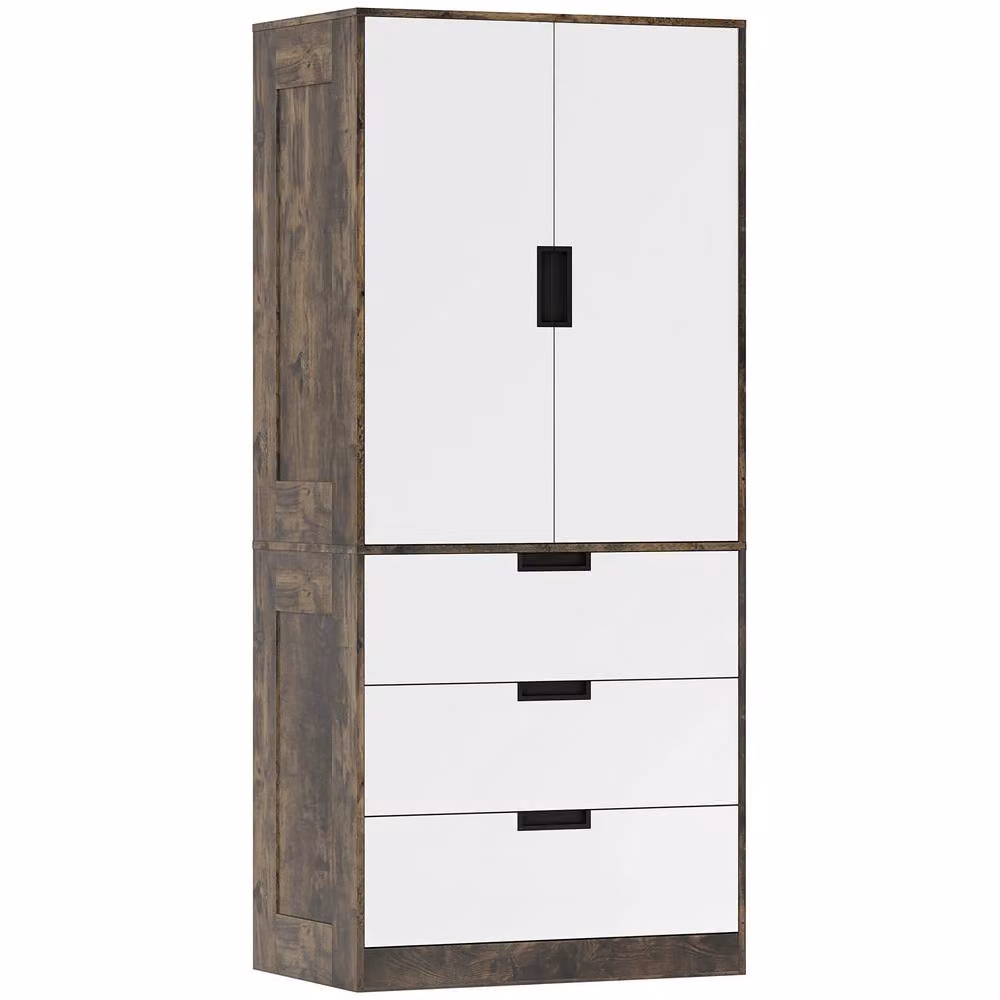 HOMCOM Modern Clothes Storage Cupboard with Hanging Rod and Internal Drawers, Brown and White – 2