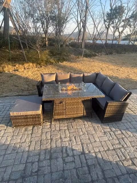 Fimous 7 Seater Rattan Garden Furniture Set with Gas Fire Pit Dining Table, Right Corner Sofa and Big Footstools in Dark Grey