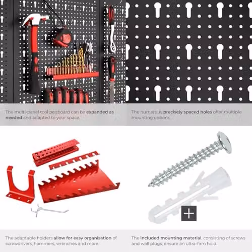 tectake 5-Panel Metal Pegboard Wall-Mounted Tool Organiser with Hooks and Holders in Black and Red – 4