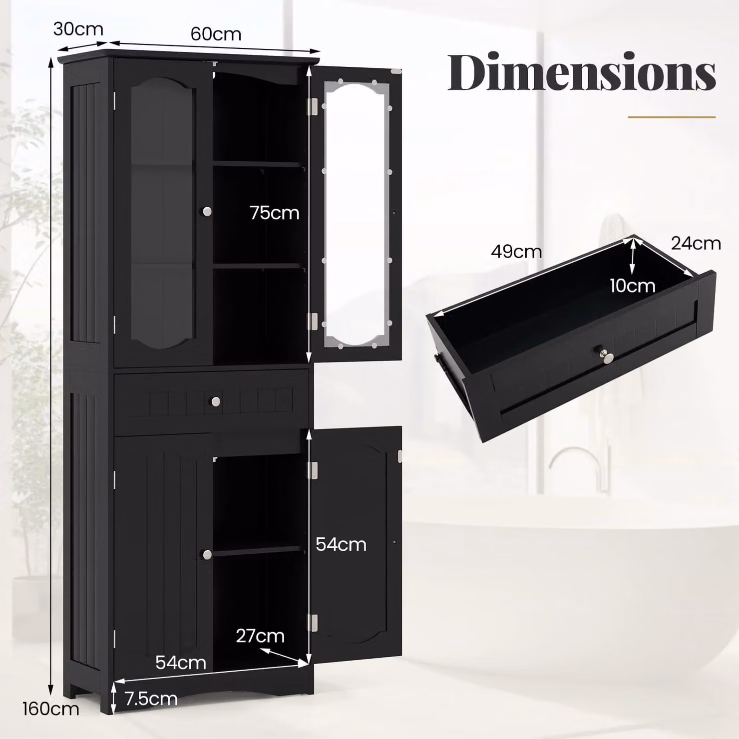 Gymax Modern Black Freestanding Bathroom Cabinet with 2 Glass Doors and Internal Shelves, Height: 160 cm – 4