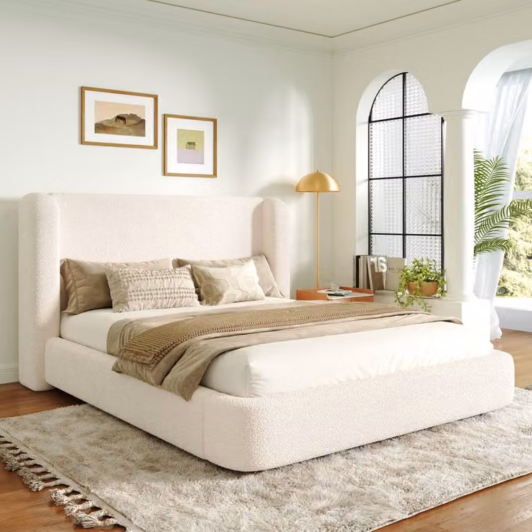 Rolipo White Bouclé Upholstered Double Bed with Lift Up Base, W/D/H: 180 x 200 cm
