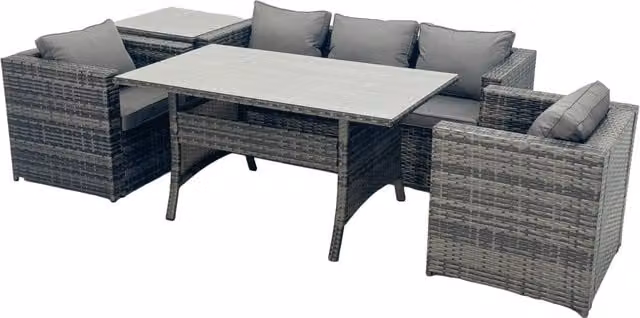 Fimous Modern Outdoor Dining Sofa Set with Side Table in Dark Grey Rattan and Metal