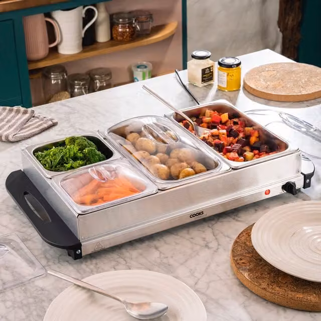 Cooks Professional 4 Section Electric Buffet Warmer Tray in Silver with Glass and Stainless Steel
