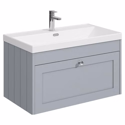 Balterley Wall Hung Single Drawer Bathroom Vanity Unit with Thin Edge Basin in Grey, W/D/H: 80.0 x 45.3 x 43.1 cm – 1