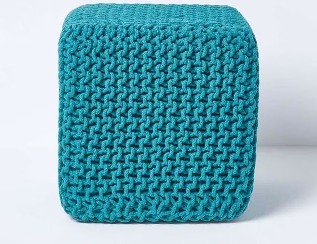Homescapes Cube Cotton Knitted Pouffe Footstool in Green and Turquoise