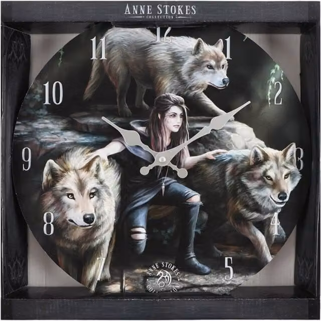 Anne Stokes Fantasy Art Power of Three Wolf Round Quartz Wall Clock, Grey and Multicolour, Diameter: 34 cm