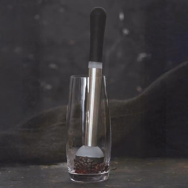 BarCraft Stainless Steel and Silicone Cocktail Muddler with Ergonomic Grip in Silver and Yellow
