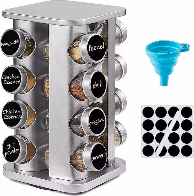 Pawnora Stainless Steel Revolving Spice Rack with Glass Jars in Silver – 1