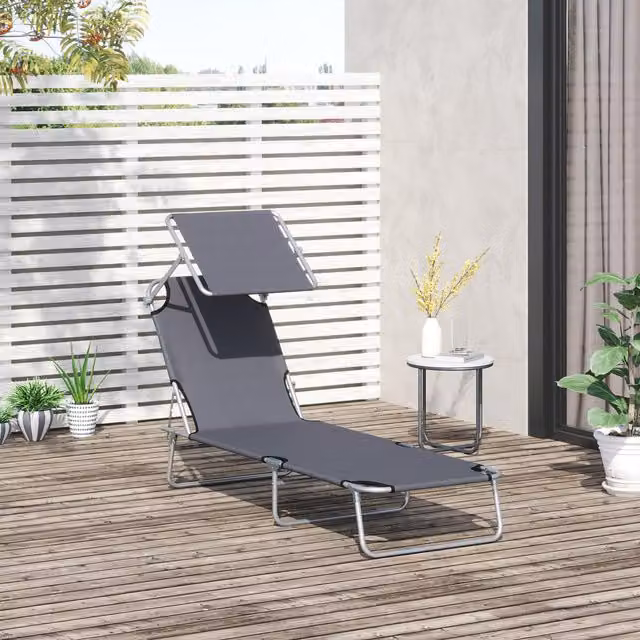 Outsunny Foldable Reclining Sun Lounger with Adjustable Awning in Grey