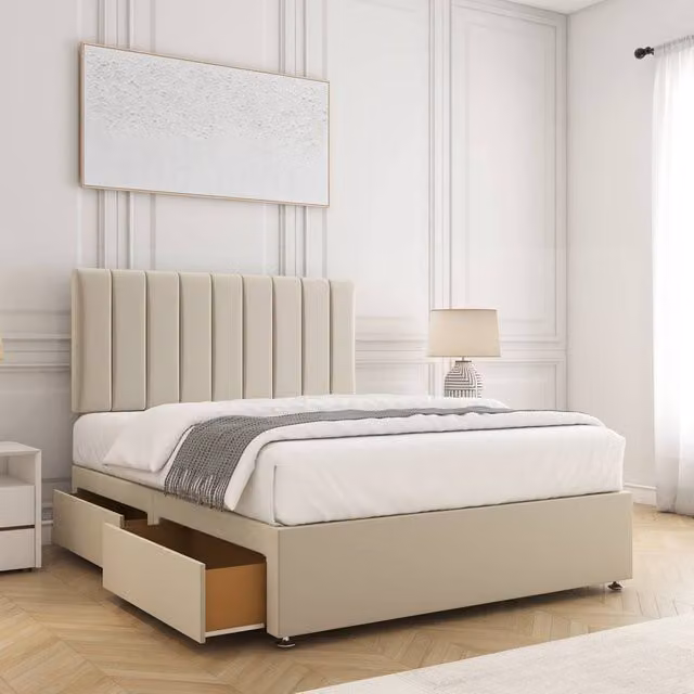 BSSPOKE Aria Velvet Divan Bed with 24 inch Headboard and 2 Drawers on Same Side, Cream Mattress, W/D/H: 140 x 200 x 30.48 cm