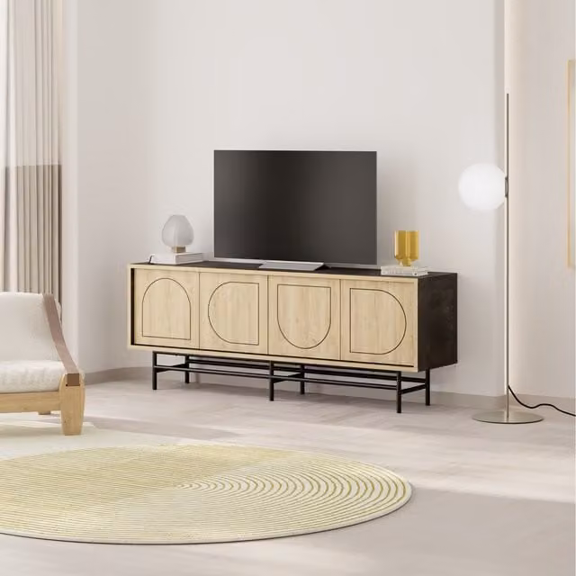 Decortie Modern TV Stand with Laser-Cut Doors for 58 Inch TVs in Moss Green and Oak