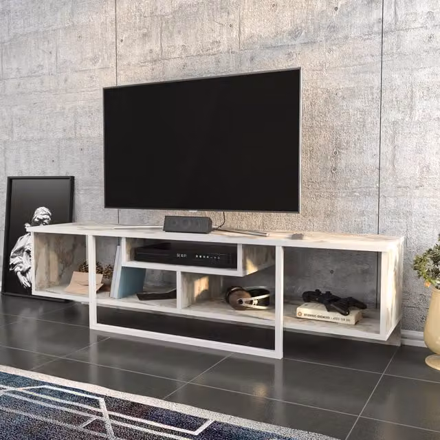 Decorotika Asal TV Unit in White Marble Effect and Gold, W: 120 cm