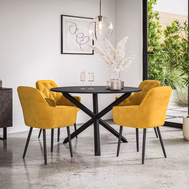 More4Homes Malvern Round Black Dining Table with 4 Mustard Anika Velvet Chairs and Black Oak Legs, Diameter: 120 cm, Height: 75 cm