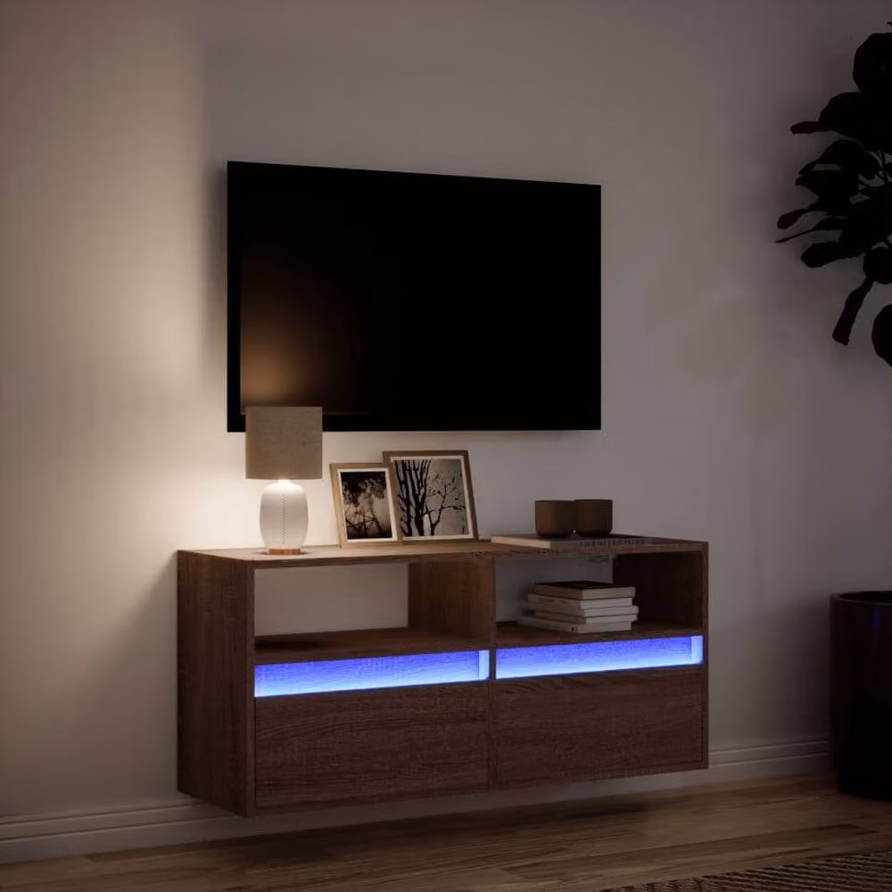 Berkfield Home Modern TV Wall Cabinet with LED Lights in Brown Oak, W/D/H: 100 x 31 x 45 cm – 4