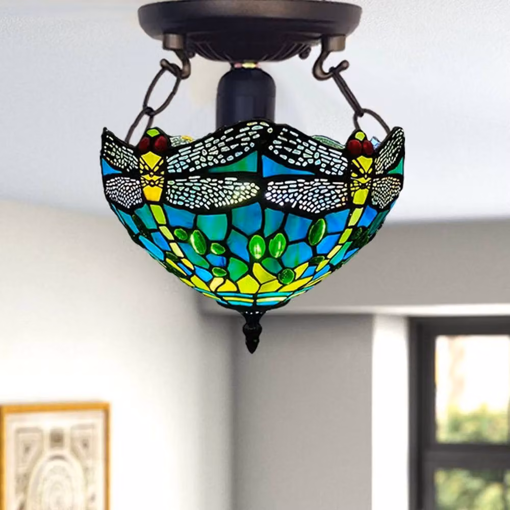 NESTLUNE Tiffany Style Green Dragonfly Glass Ceiling Lamp, Multicolour and Copper, Diameter: 25.4 cm – 2