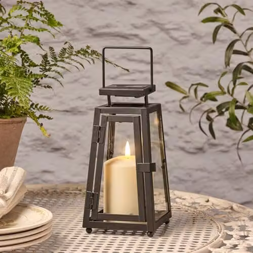 Lights4fun Black Metal Decorative Solar Powered Outdoor Garden Candle Lantern, Height: 22 cm