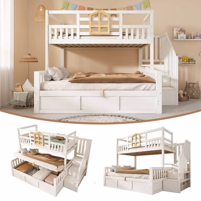 ModernLuxe Double Childrens Bunk Bed with Ottoman Storage and Stairs in White and Black