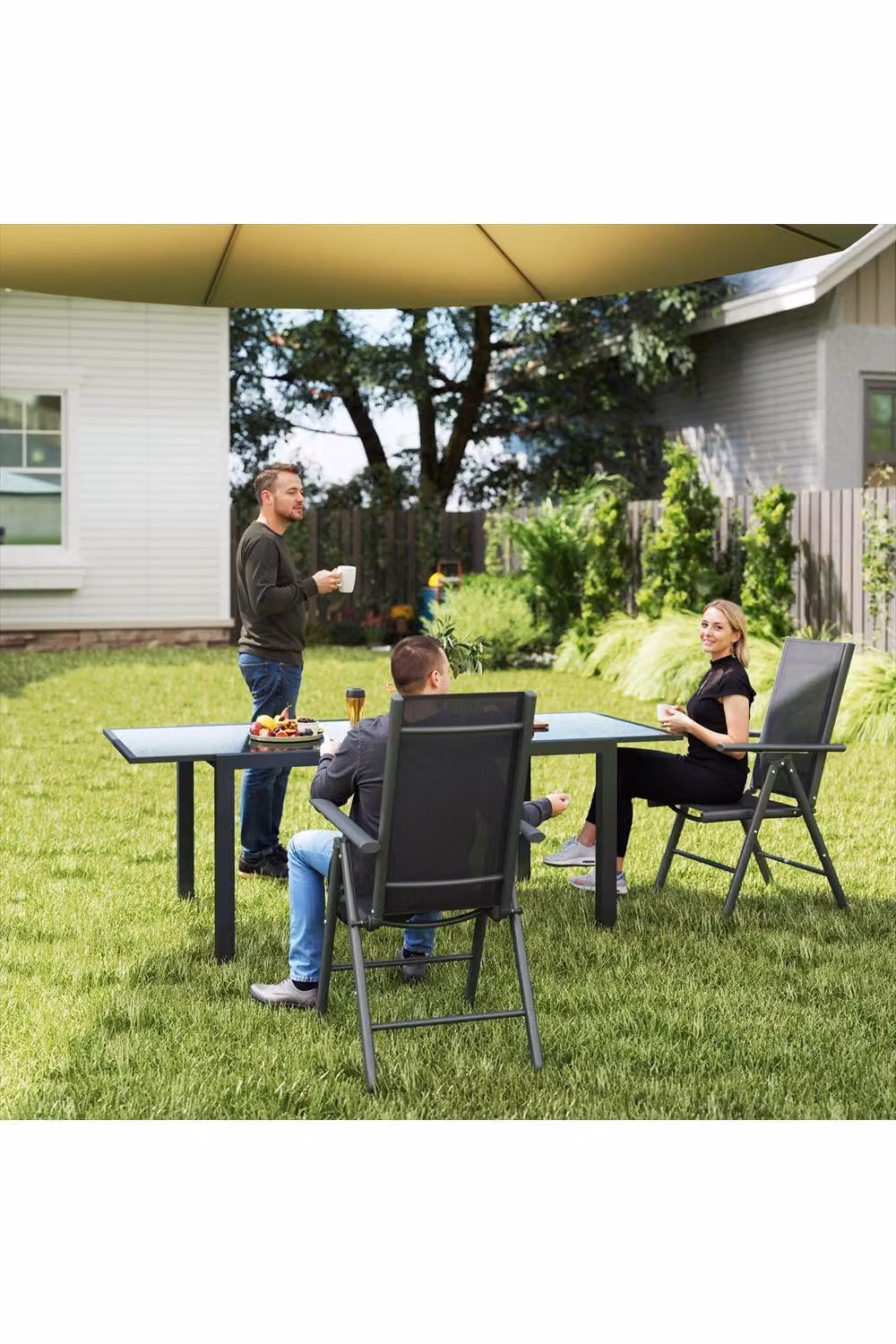 ERGOVEXA Set of 2 Folding Garden Chairs in Dark Grey with Armrests and Powder Coated Aluminium Frame – 2