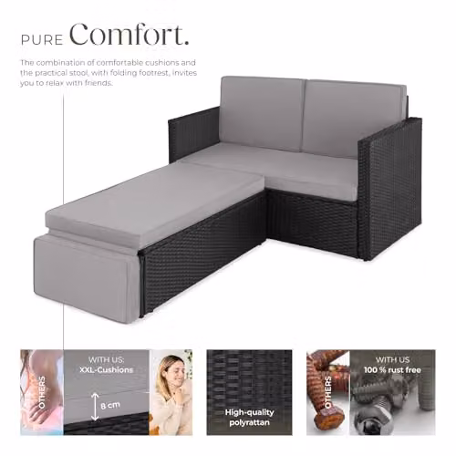 tectake Rattan Garden Furniture Set with 2 Seater Sofa and Ottoman in Black and Grey – 3