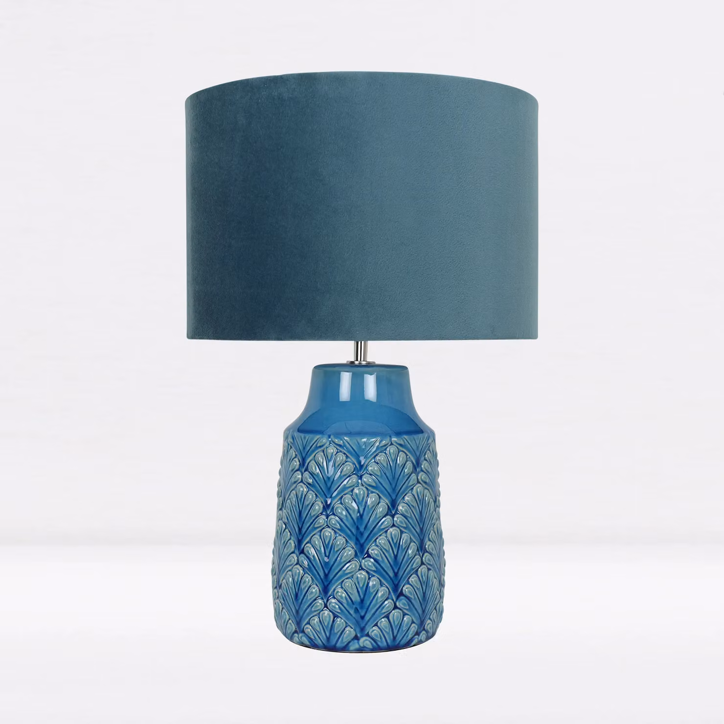 First Choice Lighting Peacock Glazed Ceramic Table Lamp with Teal Fabric Shade – 2