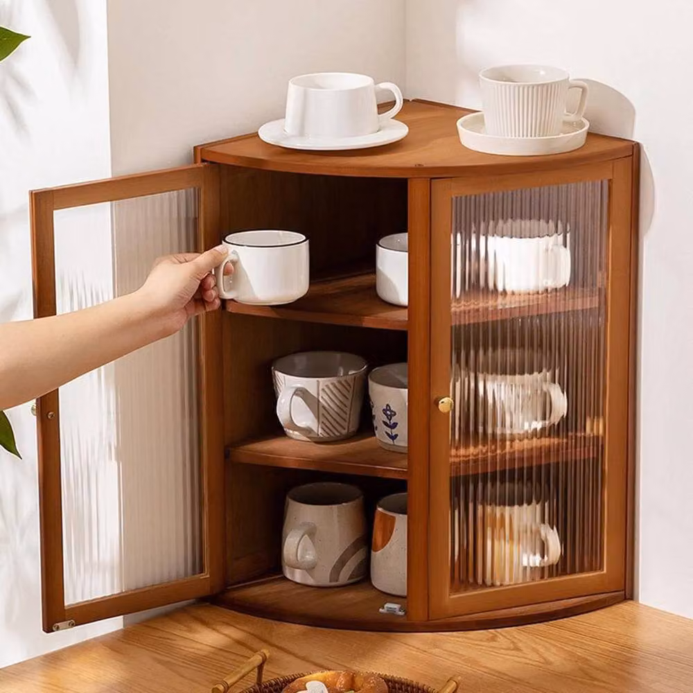 KORVIXA Modern Bamboo Corner Kitchen Cabinet in Brown with Acrylic Glass Doors – 3