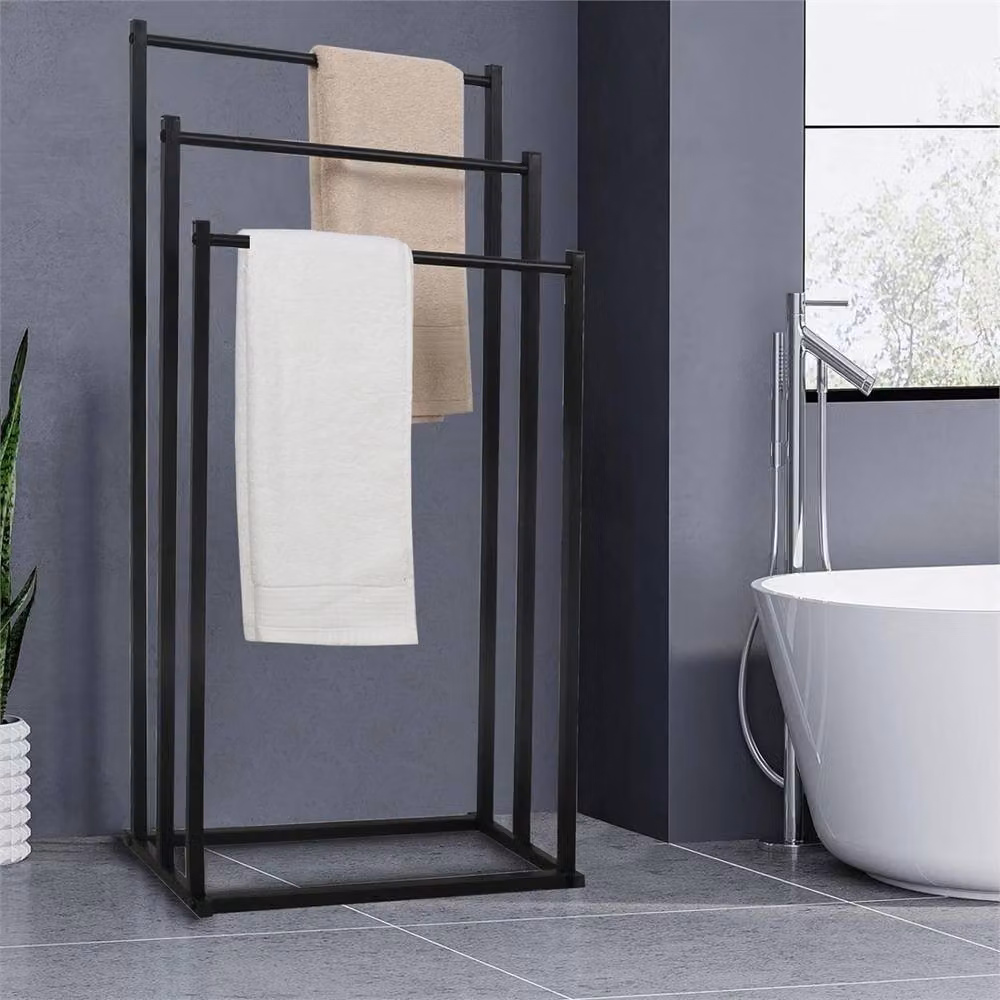 Nordara Black 3-Tier Freestanding Metal Towel Rail Rack, Matt Black, H 86 x W 44 x D 21 cm – 3