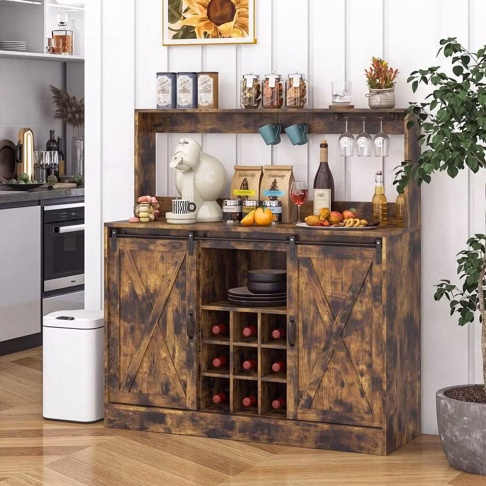 KORVIXA Brown Rustic Coffee Bar Cabinet with Charging Station and Sliding Glass Doors, W/D/H: 100 x 100 x 100 cm – 3