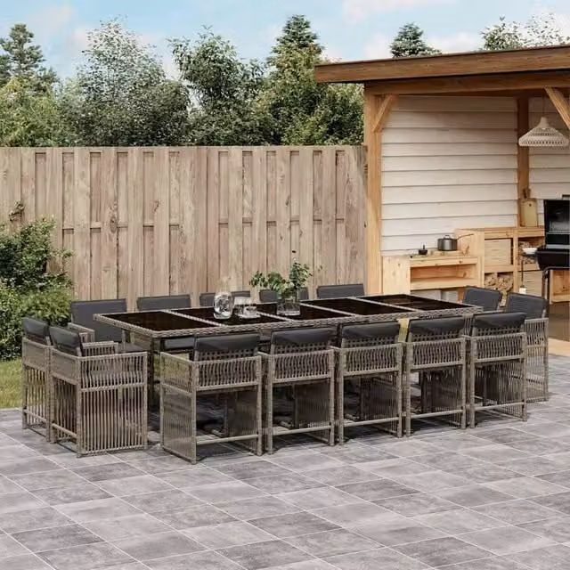 Berkfield Home 15 Piece Grey Poly Rattan Garden Dining Set with Cushions and Glass Tabletop – 1