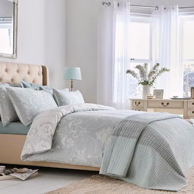 Laura Ashley Josette Reversible Floral Cotton Duvet Cover and Pillowcase Set in Duckegg Blue