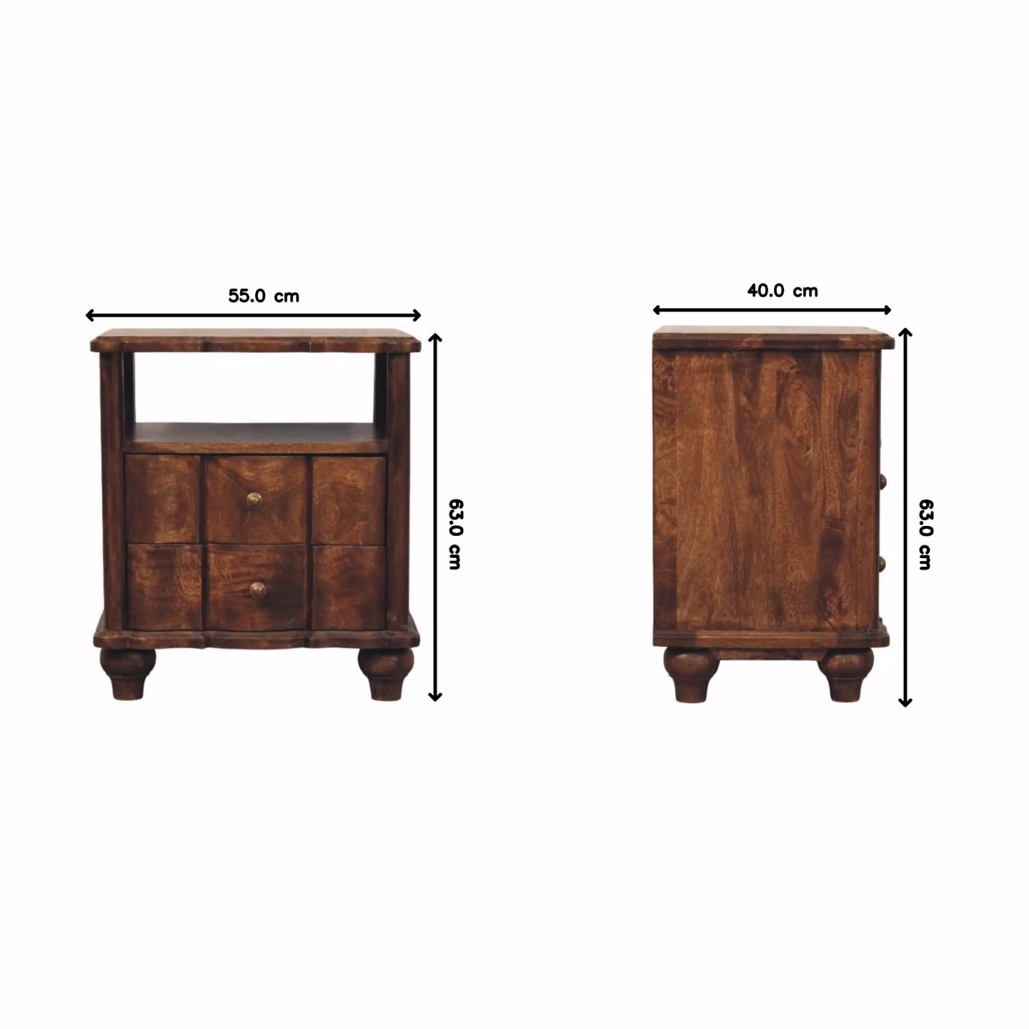 Aosom UK Solid Mango Wood Bedside Table in Brown with Drawers and Open Shelf, W/D/H: 55 x 40 x 63 cm – 3