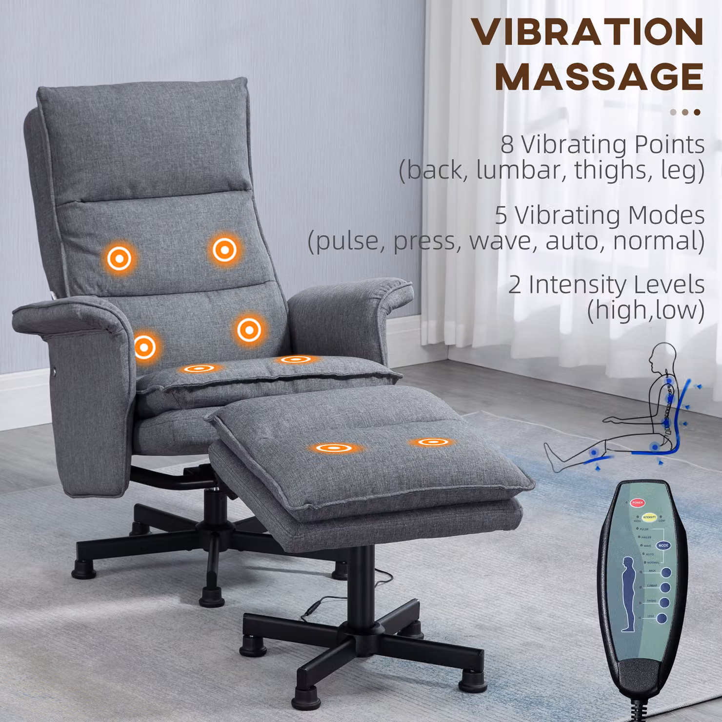 HOMCOM Swivel Massage Recliner Chair with Footstool and Remote Control in Grey – 3