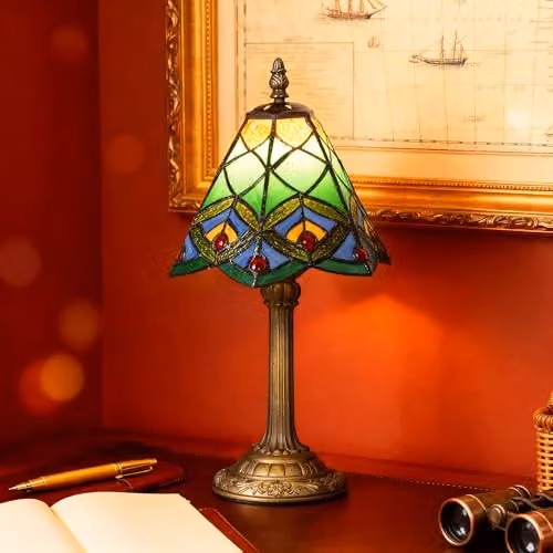 HOMCOM Tiffany-Style Table Lamp with Geometric Glass Patterns in Green and Bronze, E27 Socket – 6