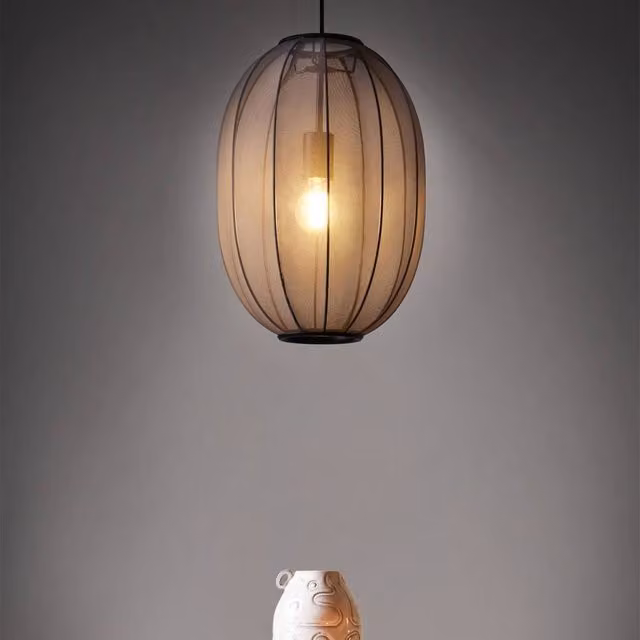 Wyld and Coco Black Oval Hanging Pendant Lamp with Pleated Nylon Shade – 1