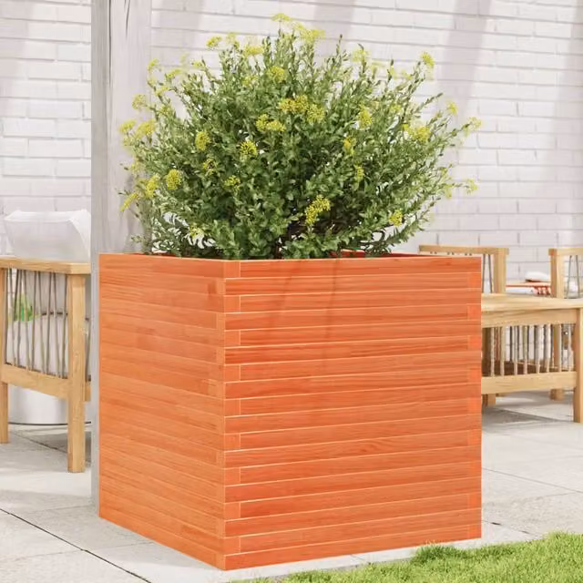 Berkfield Home Garden Wax Brown Solid Wood Pine Planter Tub, W/D/H: 70 x 70 x 68.5 cm