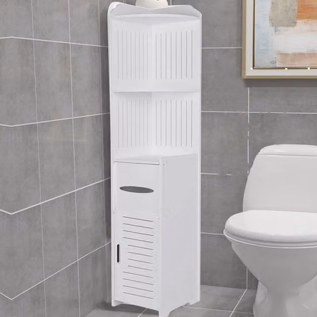 Livingandhome Modern White Wooden Corner Storage Cabinet with Internal Shelves and Hinged Doors