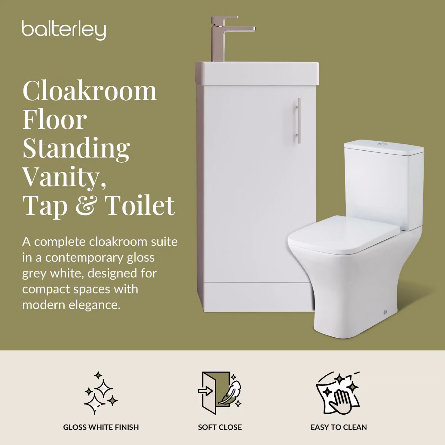 Balterley Gloss White Modern Cloakroom Vanity Basin, Tap and Toilet Set with Chrome Details – 2
