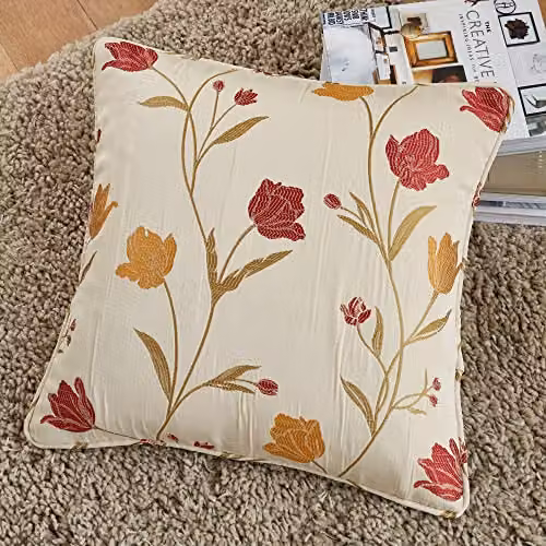 Curtina Floral Jacquard Square Cushion in Beige and Red, W/D/H: 43 x 43 x 43 cm