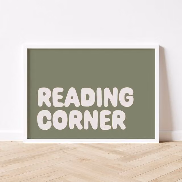 Autumns Corner Reading Corner Typography Paper Poster, Olive Green, A3