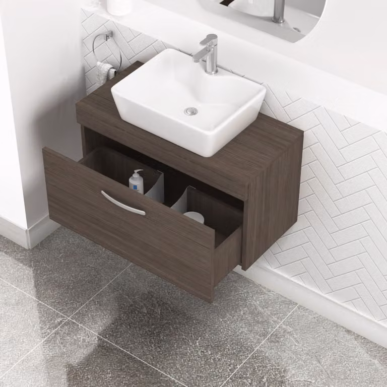 Royal Bathrooms Turin Grey Elm Wall Hung 1-Drawer Unit and Square Countertop Basin Set