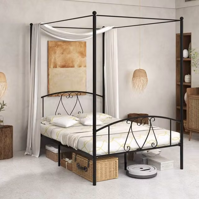 Costway Double Canopy Bed Frame with Headboard and Footboard in Black Metal – 1