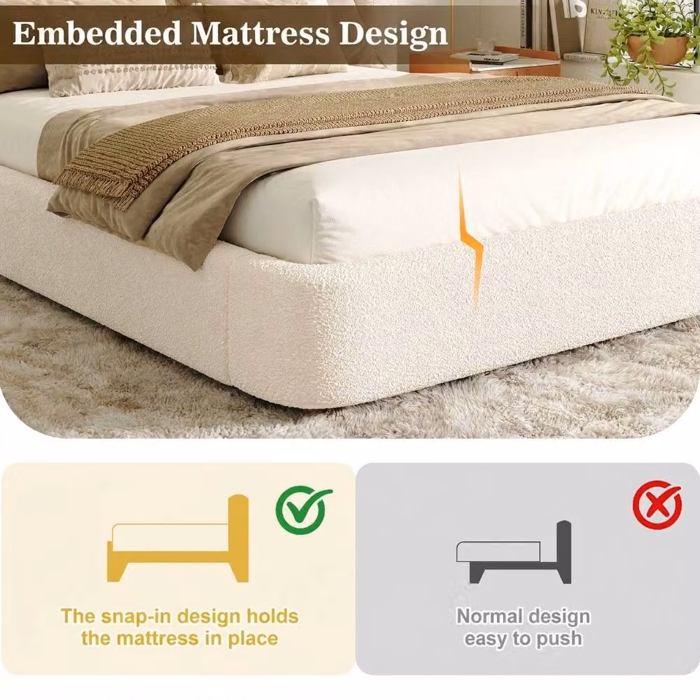 Merax King Size Ottoman Bed with Wingback Headboard in Cream White Bouclé, W/D/H: 150 x 200 x 181 cm – 4