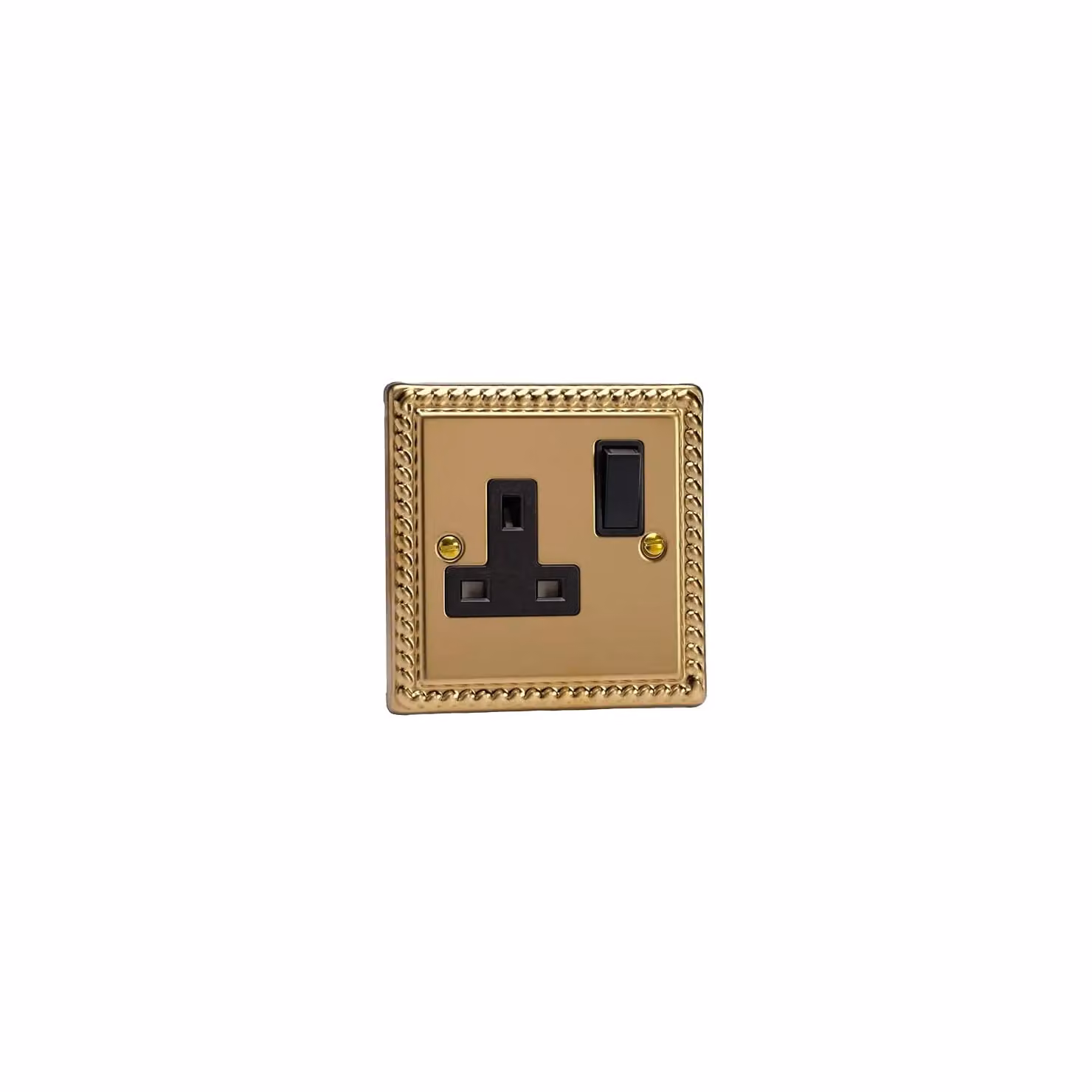 Varilight 1 Gang 13 Amp Single Switched Socket in Georgian Brass with Black and Yellow Plate – 6