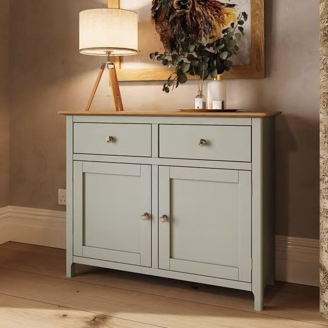 FWStyle Modern Sage Green Sideboard with 2 Doors, 2 Drawers and Oak Effect Top