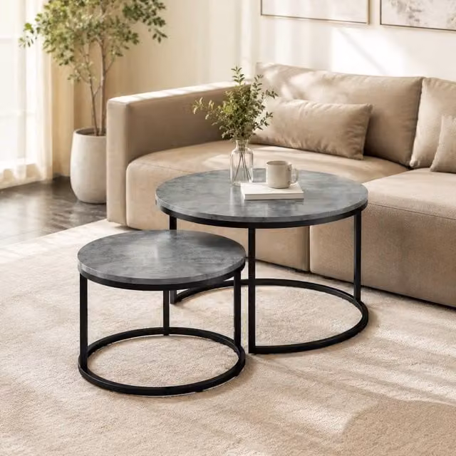 STILVORA Set of 2 Round Nesting Coffee Tables in Grey and Black
